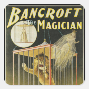 Vintage-Magieposter, Magier Bancroft und Löwe Quadratischer Aufkleber