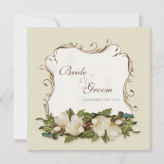 Vintage Magnolia Wirbel Damask Wedite Einladung (Vorderseite)