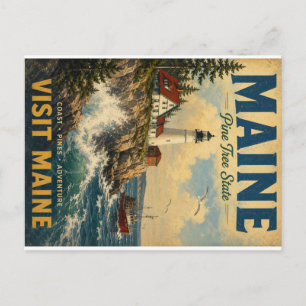 Vintage-Maine-Küsten-Reiseposter mit Leuchtturm Feiertagspostkarte