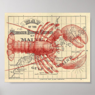 Vintage Maine Map with Lobster Poster
