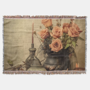 Vintage makabre Rosen Totenköpfe Sepia Decke