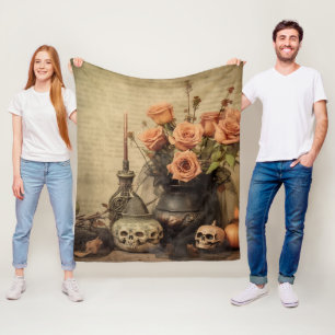 Vintage makabre Rosen Totenköpfe Sepia Fleecedecke