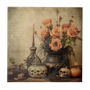 Vintage makabre Rosen Totenköpfe Sepia Fliese