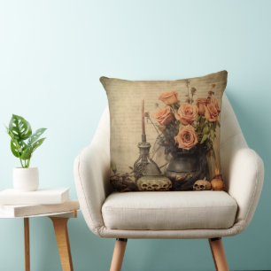 Vintage makabre Rosen Totenköpfe Sepia Kissen