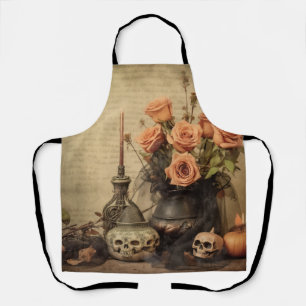 Vintage makabre Rosen Totenköpfe Sepia Schürze