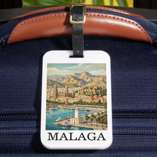 Vintage Malaga Spanien Reise Kunstwerk Gepäckanhänger (Vorderseite Insitu 2)