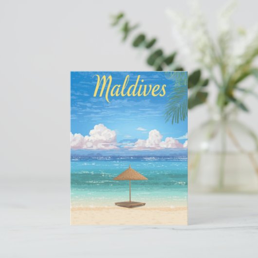 Vintage Malediven Tropical Beach Parasol Postkarte (Stehend Vorderseite)