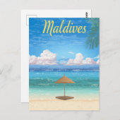 Vintage Malediven Tropical Beach Parasol Postkarte (Vorne/Hinten)