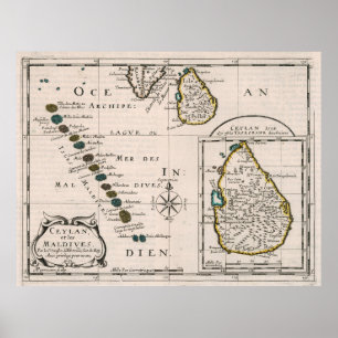 Vintage Malediven und Sri Lanka Map (1652) Poster