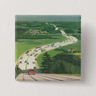 Vintage malerische amerikanische Autobahnen, Autos Button