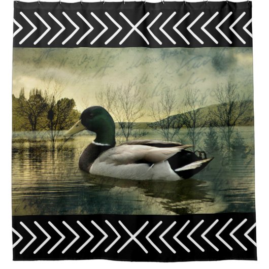Vintage Mallard Duck Weathered Postcard Duschvorhang (Vorderseite)