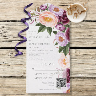Vintage-Malven-Lavendel- und Pfingstrosen-QR-Code All In One Einladung