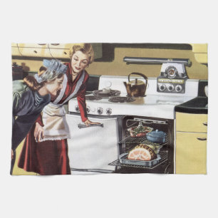 Vintage Mama in der Küche Kochen und Osterbrunnen Geschirrtuch
