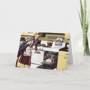 Vintage Mama in der Küche Kochen und Osterbrunnen Karte