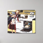Vintage Mama in der Küche Kochen und Osterbrunnen Leinwanddruck (Vorderseite)