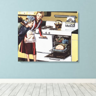 Vintage Mama in der Küche Kochen und Osterbrunnen Leinwanddruck