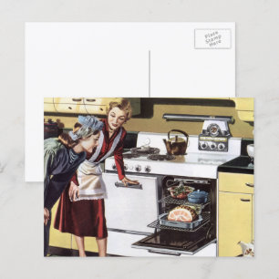 Vintage Mama in der Küche Kochen und Osterbrunnen Postkarte