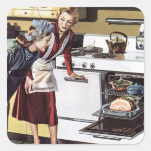Vintage Mama in der Küche Kochen und Osterbrunnen Quadratischer Aufkleber