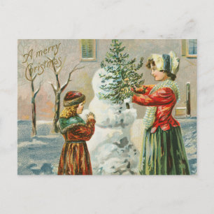 Vintage Mama und Mädchen Schneemann machen Feiertagspostkarte