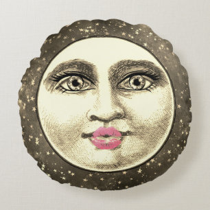 Vintage Mann Frau im Mond skurril einzigartig Sepi Rundes Kissen