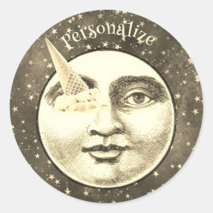 Vintage-Mann im Mond mit Eiscremekegel im Auge Runder Aufkleber