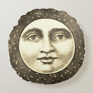 Vintage-Mann im Mond Vollmond-Gesicht Sepia-Gold-B Rundes Kissen