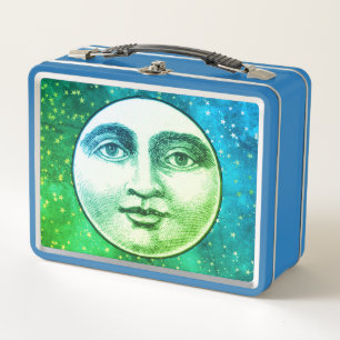 Vintage Mann im Mond Vollmond Gesicht Türkis Blau  Metall Brotdose