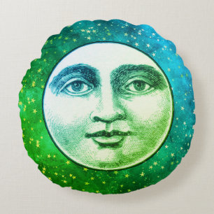 Vintage Mann im Mond Vollmond Gesicht Türkis Blau Rundes Kissen