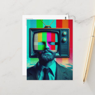 Vintage Mann mit einem Fernseher auf dem Kopf Farb Postkarte