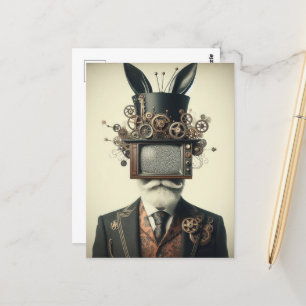 Vintage Mann mit einem Fernseher auf dem Kopf Hase Postkarte