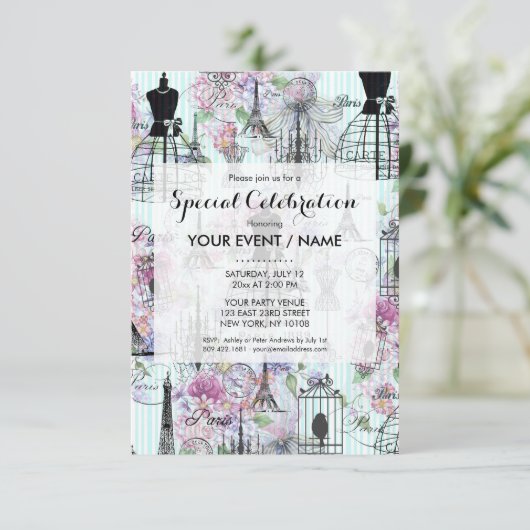 Vintage Mannequin-Collage aus Eiffelturm Einladung (Stehend Vorderseite)