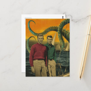 Vintage Männer und Kraken Vorsicht vor dem Kracken Postkarte
