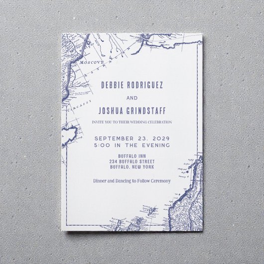 Vintage Map Blue on White Wedding Invitation Einladung