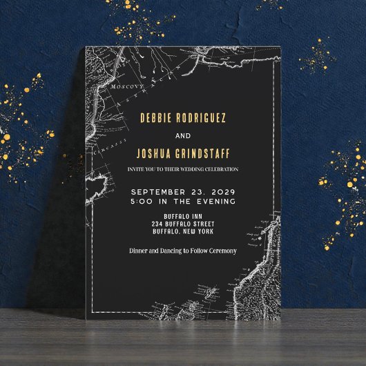 Vintage Map Gold on Black Wedding Invitation Einladung
