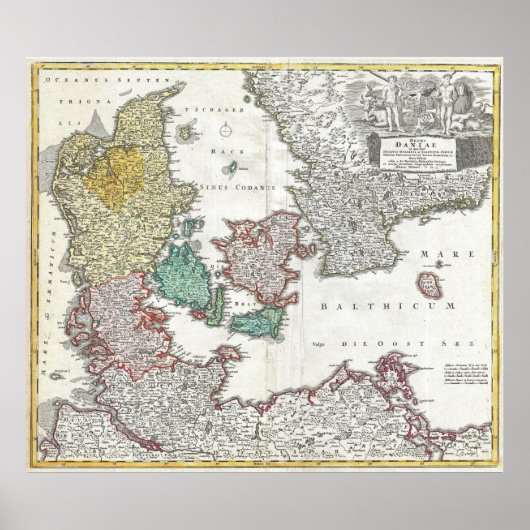 Vintage Map of Denmark (1730) Poster (Vorne)