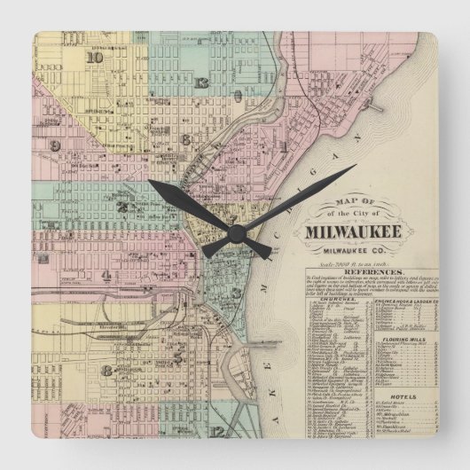 Vintage Map of Milwaukee Wisconsin (1878) Quadratische Wanduhr (Vorderseite)