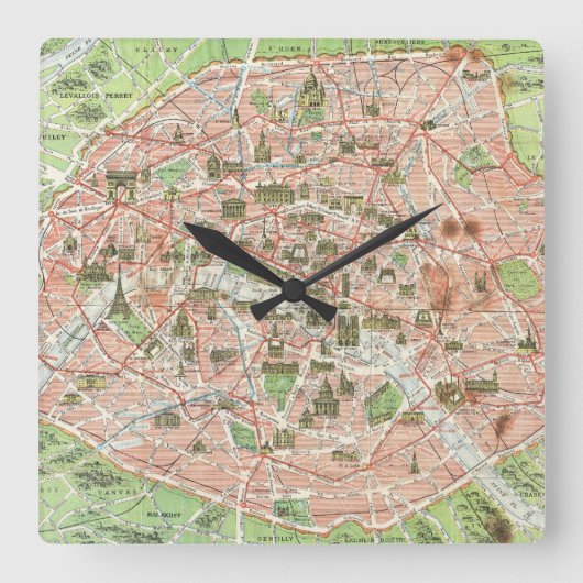 Vintage Map of Paris (1920) Quadratische Wanduhr (Vorderseite)