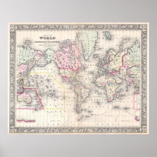 Vintage Map of The World 1864 Poster (Vorne)
