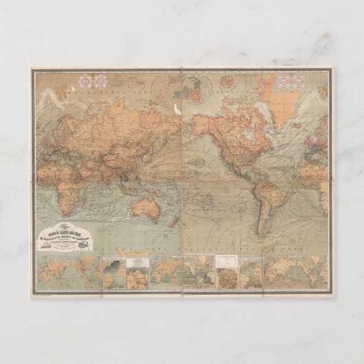 Vintage Map of The World 1870 Postkarte (Vorderseite)