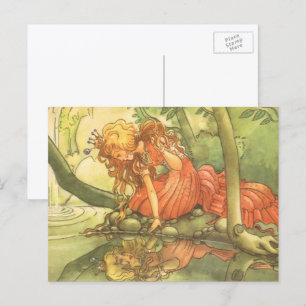 Vintage Märchen, Froschprinzessin am Teich Postkarte
