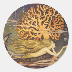 Vintage Märchen, kleine Meerjungfrau im Ozean Cora Runder Aufkleber