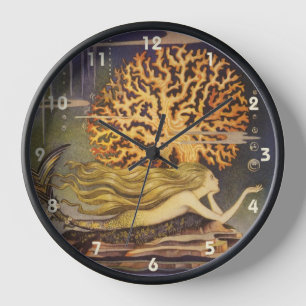 Vintage Märchen, Kleine Meerjungfrau in Meereskora Uhr