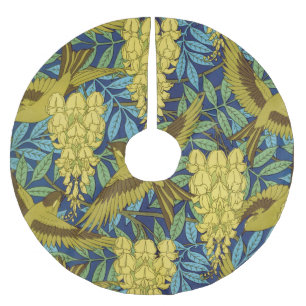 Vintage Marineblaue Vogel- und gelbe Blumendruckmu Polyester Weihnachtsbaumdecke