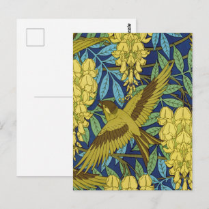 Vintage Marineblaue Vogel- und gelbe Blumendruckmu Postkarte