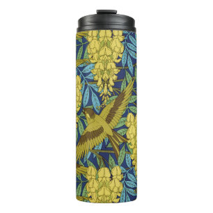 Vintage Marineblaue Vogel- und gelbe Blumendruckmu Thermosbecher