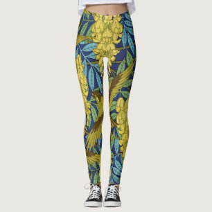 Vintage Marineblauer Vogel & Gelbes Blumenmuster Leggings