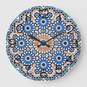 Vintage-Marokkanisches blaues Blumenmuster Große Wanduhr