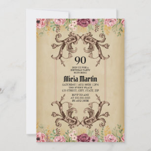 Vintage-Maroon-Gold-Blumen-Pergament-Geburtstag Einladung