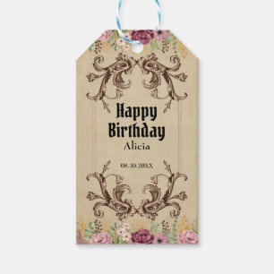 Vintage-Maroon-Gold-Blumen-Pergament-Geburtstag Geschenkanhänger