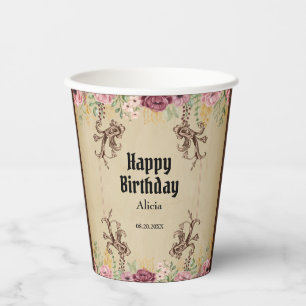 Vintage-Maroon-Gold-Blumen-Pergament-Geburtstag Pappbecher